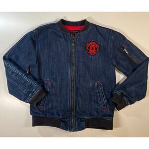 True Religion Manchester United Denim Bomber Jacket Boys Sz 6 Blue Soccer style